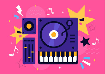 Obraz premium DJ Vector Illustration Featuring a Young Musician Wearing Headphones, Mixing Music on a Turntable, Nightlife Club Lifestyle at a Nightclub Party