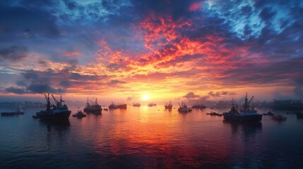 Obraz premium Fishermen returning home bustling harbor sunset scene colorful sky aerial view captivating landscape