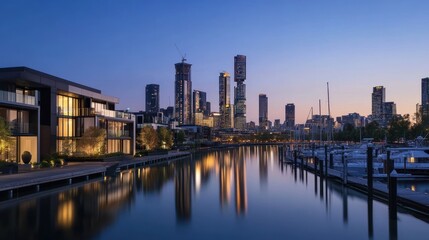 Fototapeta premium Scenic waterfront view of a modern city skyline at dusk, reflecting on calm water.