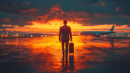 Fototapeta premium Photograph of businessman walking with suitcase at airport, background is airplane, business travel, corporate and people concept.
