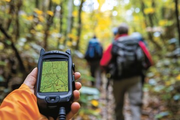 A Hand Holding a GPS Device with a Topographical Map Displayed, Two Hikers in the Background