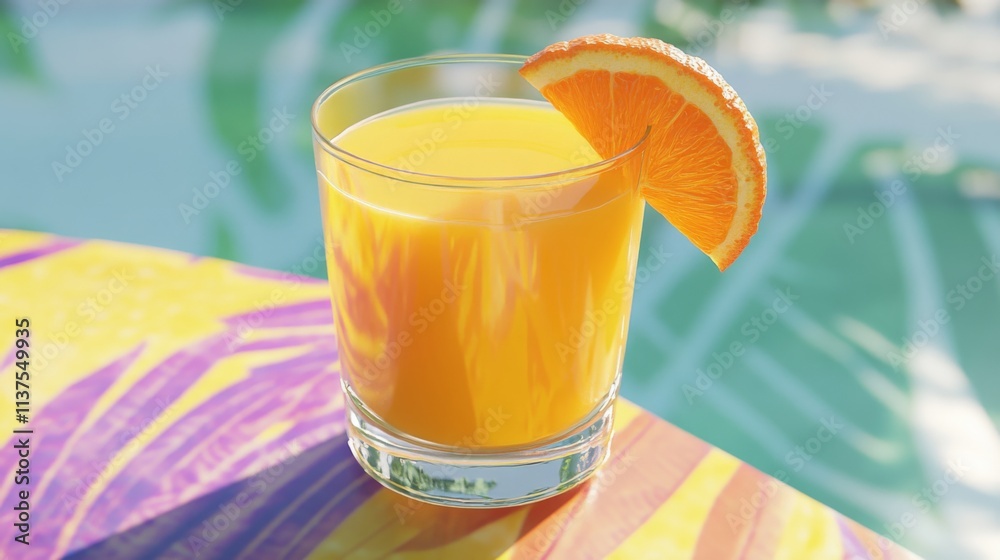 Poster refreshing citrus juice with orange slice on colorful tabletop