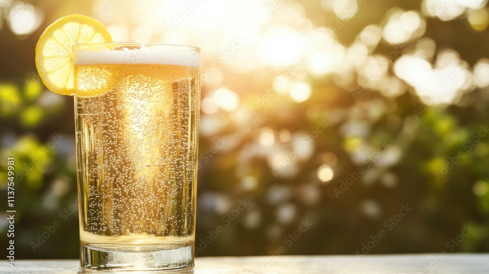 Poster refreshing lemonade drink in a glass with bubbles on a sunny day