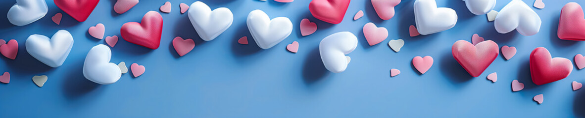 Obraz premium A Valentines Day banner with a blue background, white hearts and red accents. Heart shaped balloons float on one side, creating a romantic and loving atmosphere.