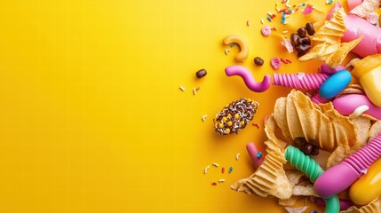 Obraz premium Colorful Party Snack Spread with Chips and Candy on Yellow Background