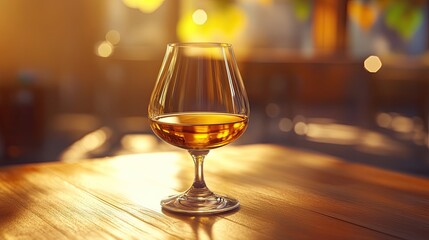 Elegant Glass of Whiskey with Warm Sunset Glow in Background