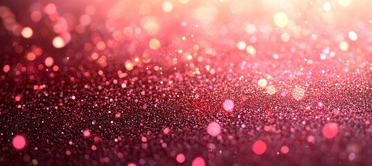 Rose gold background with sparkling rose gold glitter dust at the bottom, warm golden-pink bokeh light reflections.