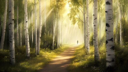 Obraz premium A serene forest path with dappled sunlight filtering through tall birch trees and a lone figure walking in the distance
