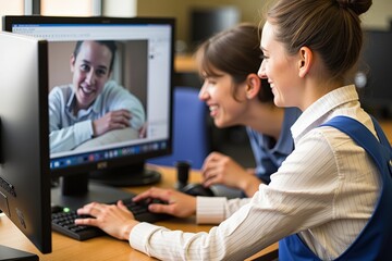 Obraz premium Two Women Engaged in a Virtual Meeting with a Smiling Man on Screen, Ideal for Remote Work and Collaboration Promotions