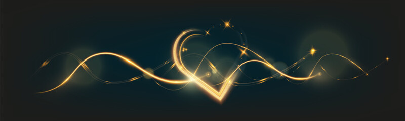 Golden glowing light trail forming a heart shape with sparkles and smooth curves on dark background, symbolizing love, romance, and celebration.