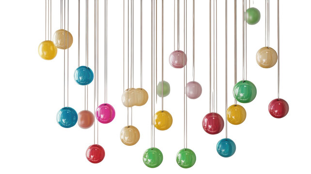 Colorful hanging orbs suspended from thin strings create a vibrant display in a bright indoor space, adding a playful atmosphere.