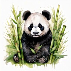Naklejka premium Watercolor panda sitting peacefully among bamboo shoots isolated on white background with copy space 