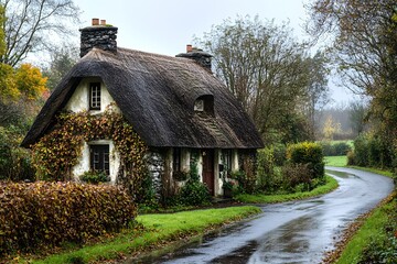 Fototapeta premium Traditional village house with thatched roof