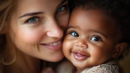 A close-up portrait of a young mother with blue eyes smiling at the camera with her mixed-race baby daughter.