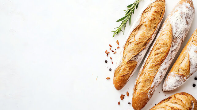 Fresh baguettes with rosemary on white background