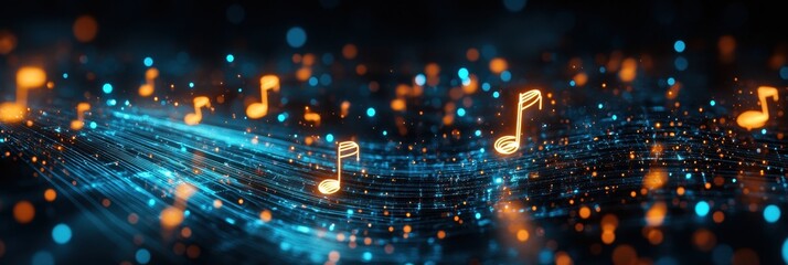 Obraz premium Abstract Digital Music Background with Glowing Musical Notes and Dynamic Light Trails in a Futuristic Setting