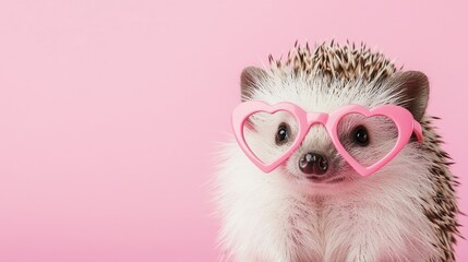 Whimsical Hedgehog in Heart Glasses on Cute Pink Background for Valentine's Day