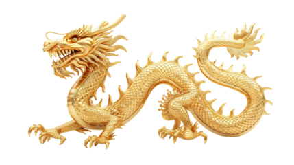 Golden Chinese dragon isolated on transparent background, 3d illustration.