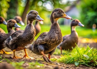 Obraz premium Macro Photography: Black Ducks on Patchy Lawn - Close-Up Wildlife Images