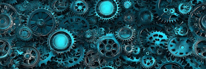 A seamless pattern of interlocking gears and cogs, glowing softly in metallic silver and teal