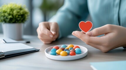 Close up view of a caring hand holding a heart shaped colorful candies on a professional desk in an office or workplace setting showcasing the concept of emotional support kindness