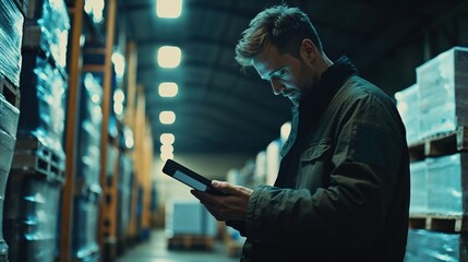 Man with a tablet inspecting a dimly lit warehouse filled with pallets, symbolizing logistics, inventory, and industrial operations