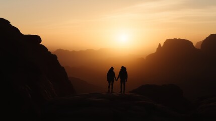 Couple enjoying a sunset together on a mountain peak in a tranquil wilderness setting