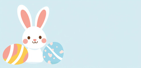 Fototapeta premium Cute bunny with colorful Easter eggs on light blue background, perfect for festive celebrations. This delightful illustration captures joy of Easter