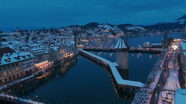 Lucerne, Switzerland in Winter at Blue Hour by Drone
