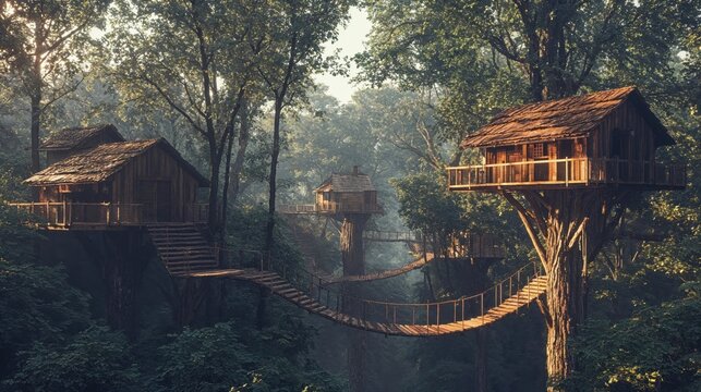 Fototapeta Beautiful treehouse village nestled among dense forest trees, interconnected by rope bridges, creating a peaceful escape in nature