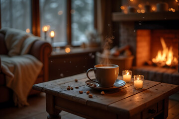 Steaming Coffee by Candlelit Fireplace with Cozy Ambiance