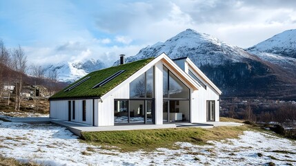 A Scandinavian-inspired villa with white wood cladding, green roofs, and large windows framing snowy mountains.