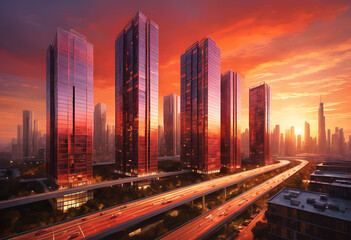 Fototapeta premium Modern Cityscape at Sunset with Vibrant Skies and Reflective Glass Facades