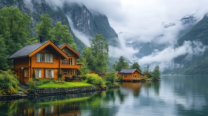 Fototapeta premium Serene lakeside view with wooden cabins surrounded by mountains and mist.