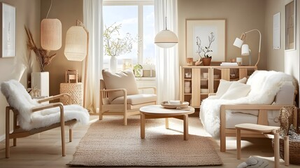 A Scandinavian-inspired living room with light wood furniture, neutral tones, and a cozy sheepskin throw.