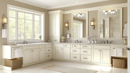 Fototapeta premium Elegant and Spacious Bathroom with Natural Light and Storage Solutions
