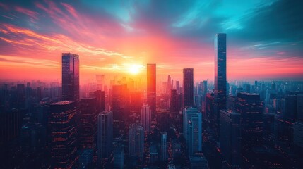 Fototapeta premium Vibrant sunset over a modern city skyline.