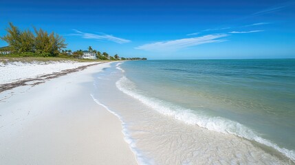 Obraz premium Serene Beach Landscape with Soft Waves and Clear Blue Sky