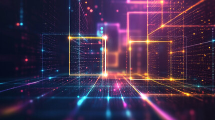 Fototapeta premium Abstract illustration of geometric shapes and structures in bright neon colors Neon Digital Grid.