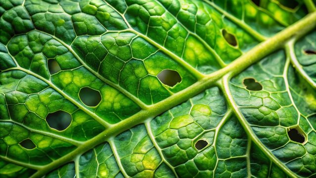 Macro Photography Pest Damage Vegetable Leaves, Tilt-Shift Close Up, Insect Bites, Plant Disease, Holey Leaves