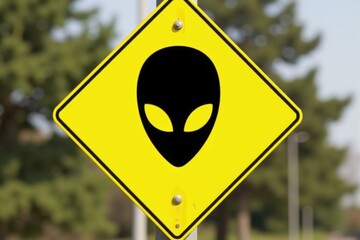 Alien head caution sign against blurred natural background