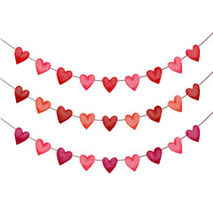 Watercolor illustration of heart garlands in shades of red and pink, perfect for festive, romantic, and Valentine’s Day decorations.