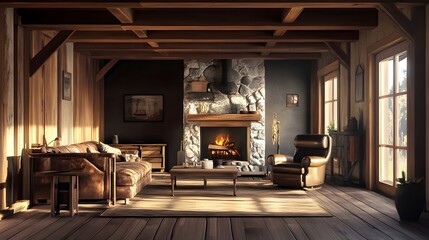 A rustic living room with exposed wooden beams, a stone fireplace, and a leather armchair.