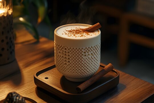 Close-up of coffee latte with cinnamon stick