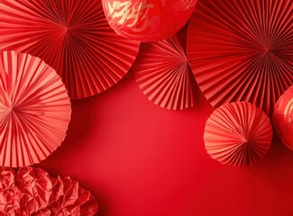 Obraz premium Red background, red lanterns, and folding fans hanging on the wall create a Chinese New Year atmosphere. Chinese New Year background with red lanterns and paper fans, glowing light effects. Red color.