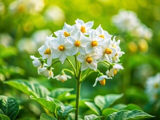 Macro Potato Blossom Photography: Close-Up White Flowers, Blurred Green Background