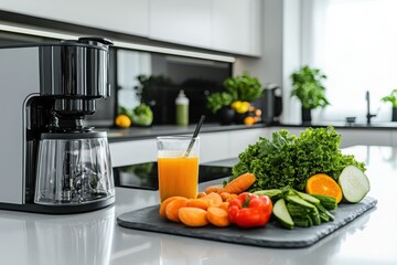 Making fresh juice from fruits and vegetables in a modern kitchen setting dynamic process lifestyle imagery