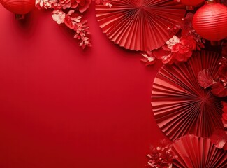 Red background, red lanterns, and folding fans hanging on the wall create a Chinese New Year atmosphere. Chinese New Year background with red lanterns and paper fans, glowing light effects. Red color.