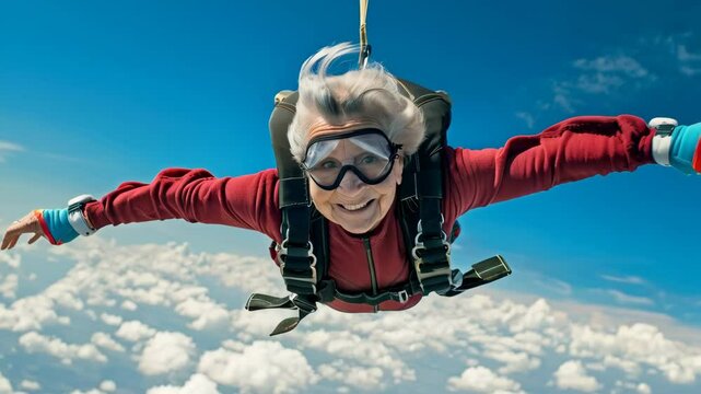 Portrait of beautiful smiling senior woman jumping with parachute in blue sky
