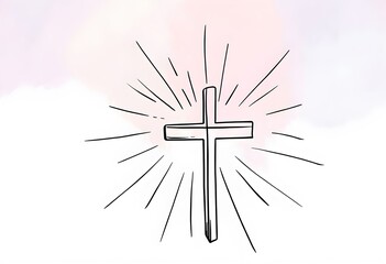 Fototapeta premium Minimalist Easter Cross with Radiating Lines on Soft Pastel Background for Serene Holiday Cards